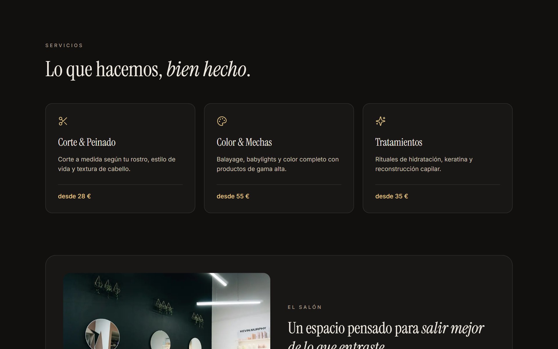 Sección de servicios de la demo Atelier: corte, color y tratamientos con precios