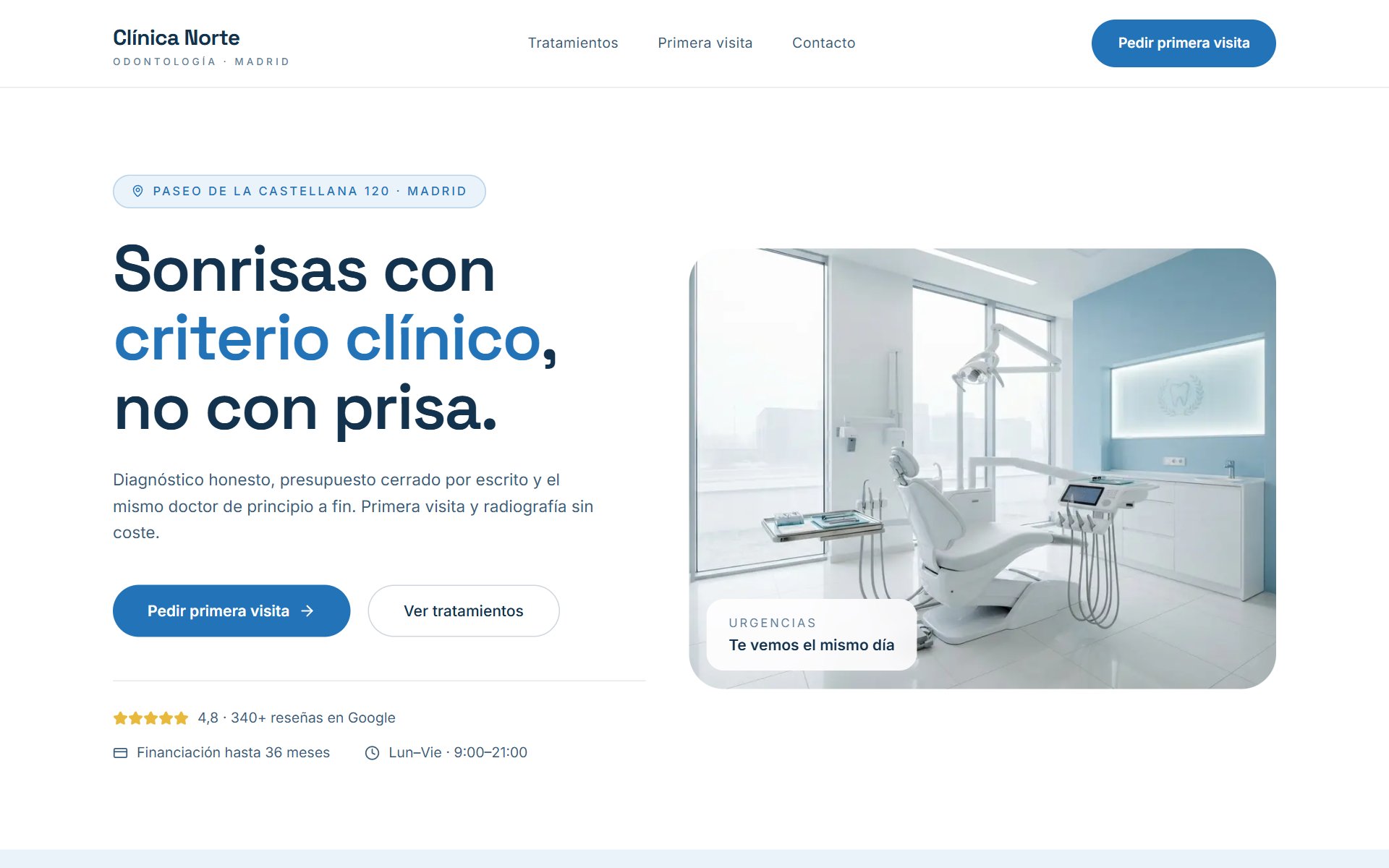 Web de ejemplo para una clínica dental: gabinete moderno en blanco y azul con titular clínico