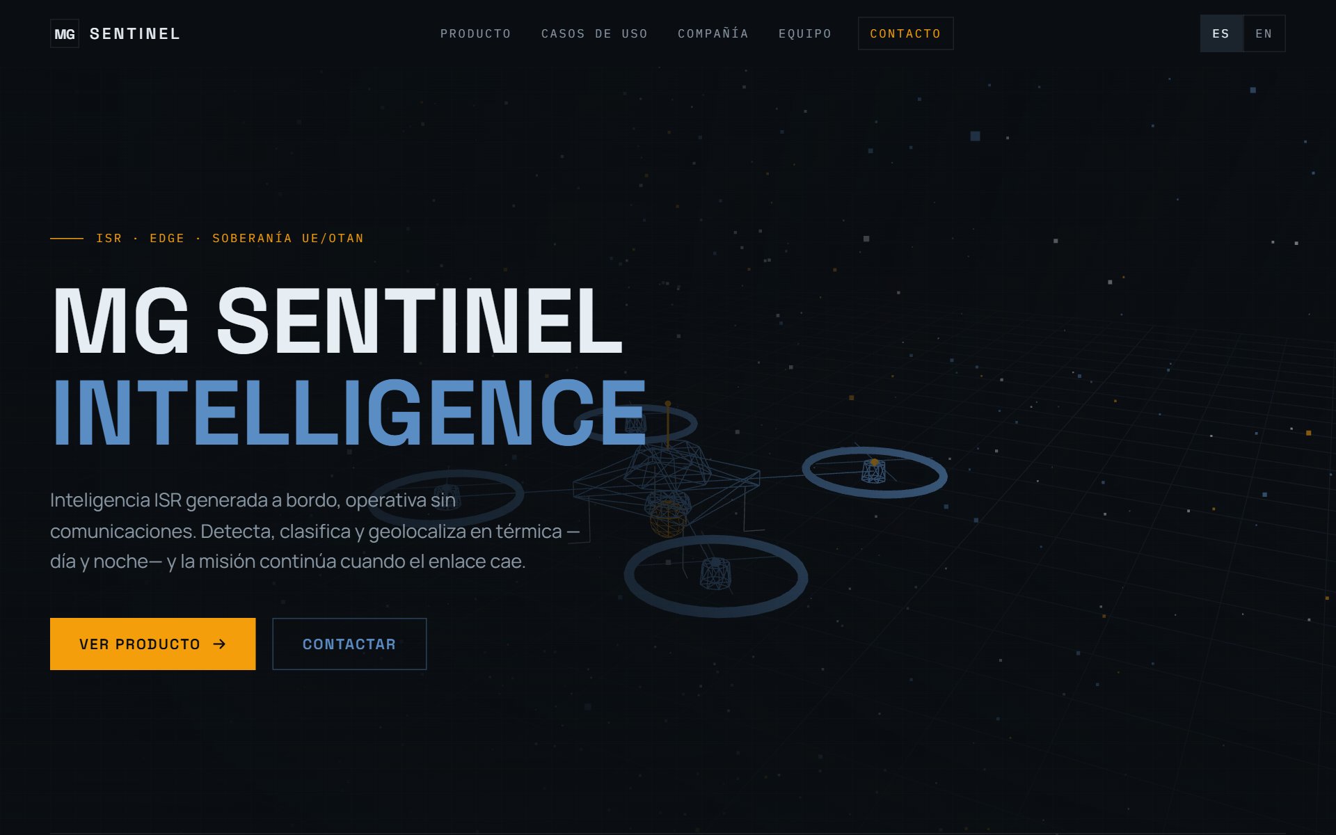 Captura real de la web de MG Sentinel: hero oscuro con visualización 3D de drones y titular MG Sentinel Intelligence